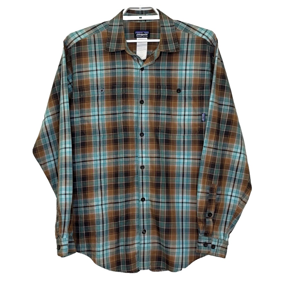 Patagonia Button Down Shirt Mens Medium Brown‎ Green Plaid Long Sleeve Collared